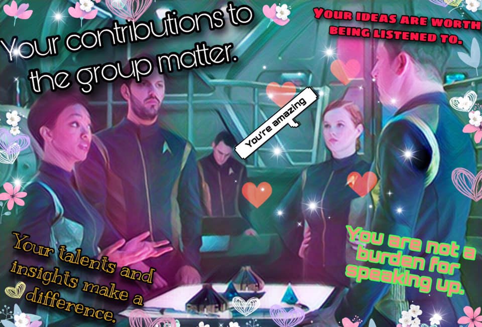This meme features a screenshot from Star Trek: The Next Generation, with the character Data standing in front of a group of crew members. The text overlayed on the image reads, "Your contributions to the team are invaluable. Your insights and ideas are essential to our success. You are a valued member of our crew." The meme is likely meant to be humorous, poking fun at the idea that a character from a sci-fi show is giving a group of people a generic, insincere compliment.